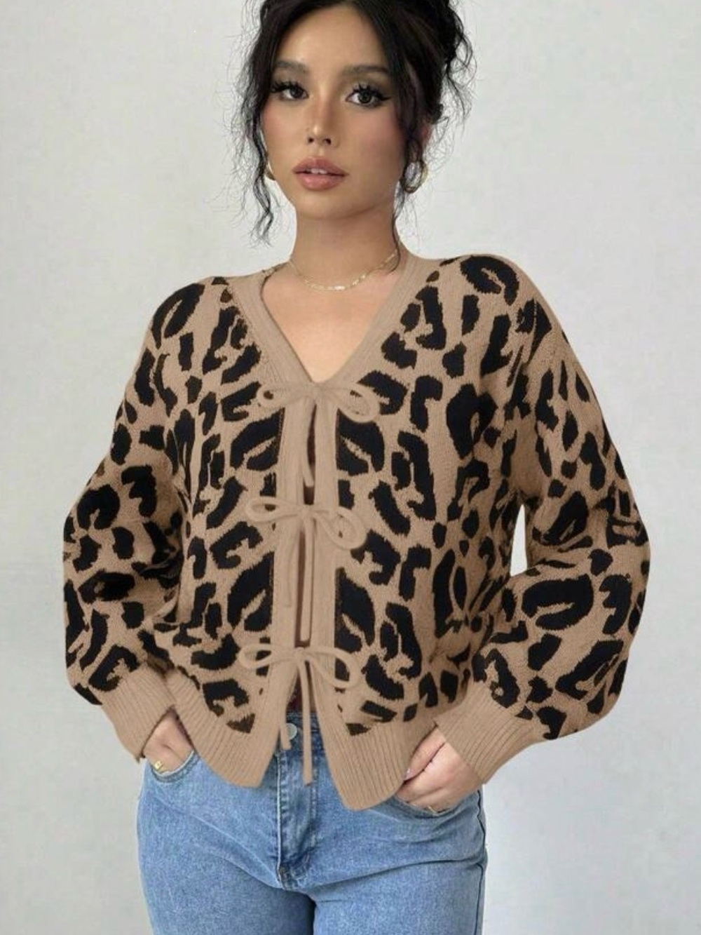 Leopard Print Tie-Front V-Neck Sweater Cardigan - Brown/Black